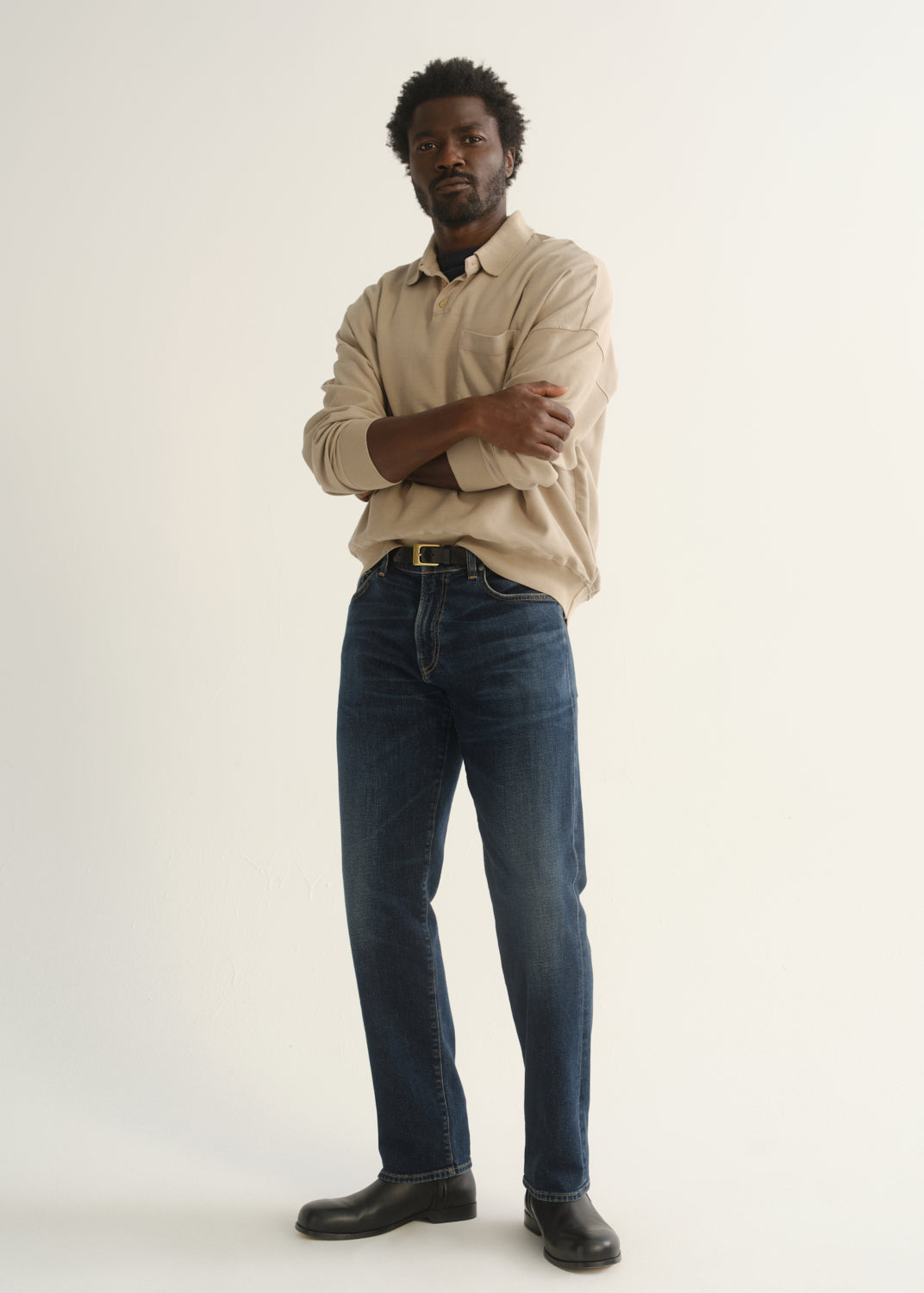 Elijah Straight Cashmere Denim in Prospect on model