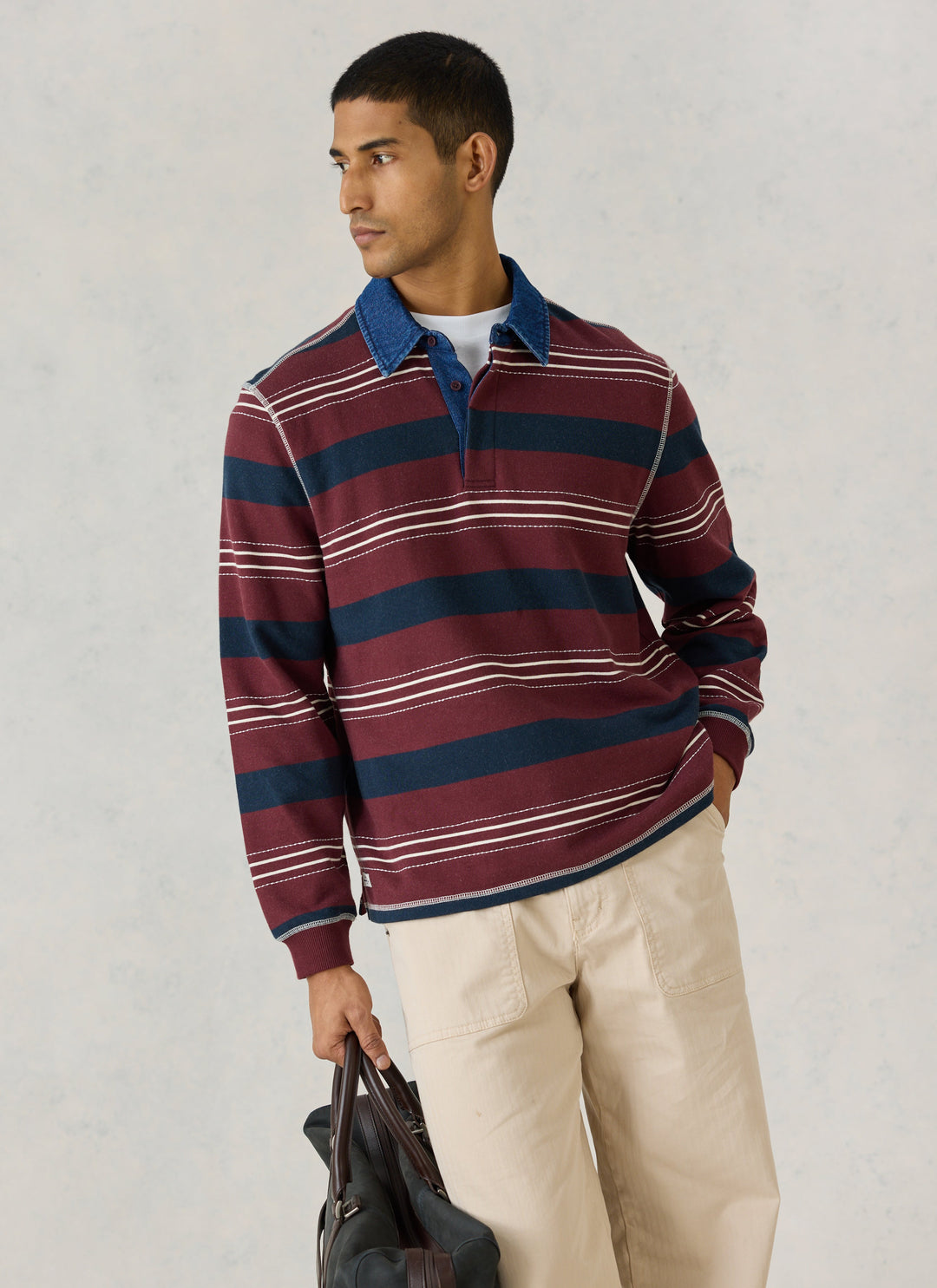 Percival Dennis denim collar rugby in burgundy stripe