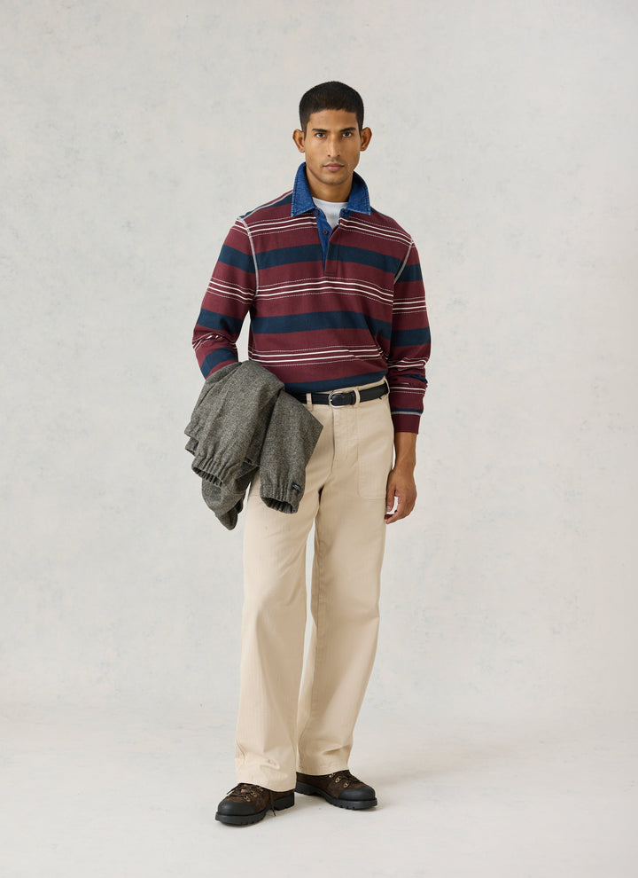 Percival denim collar rugby shirt burgundy stripe