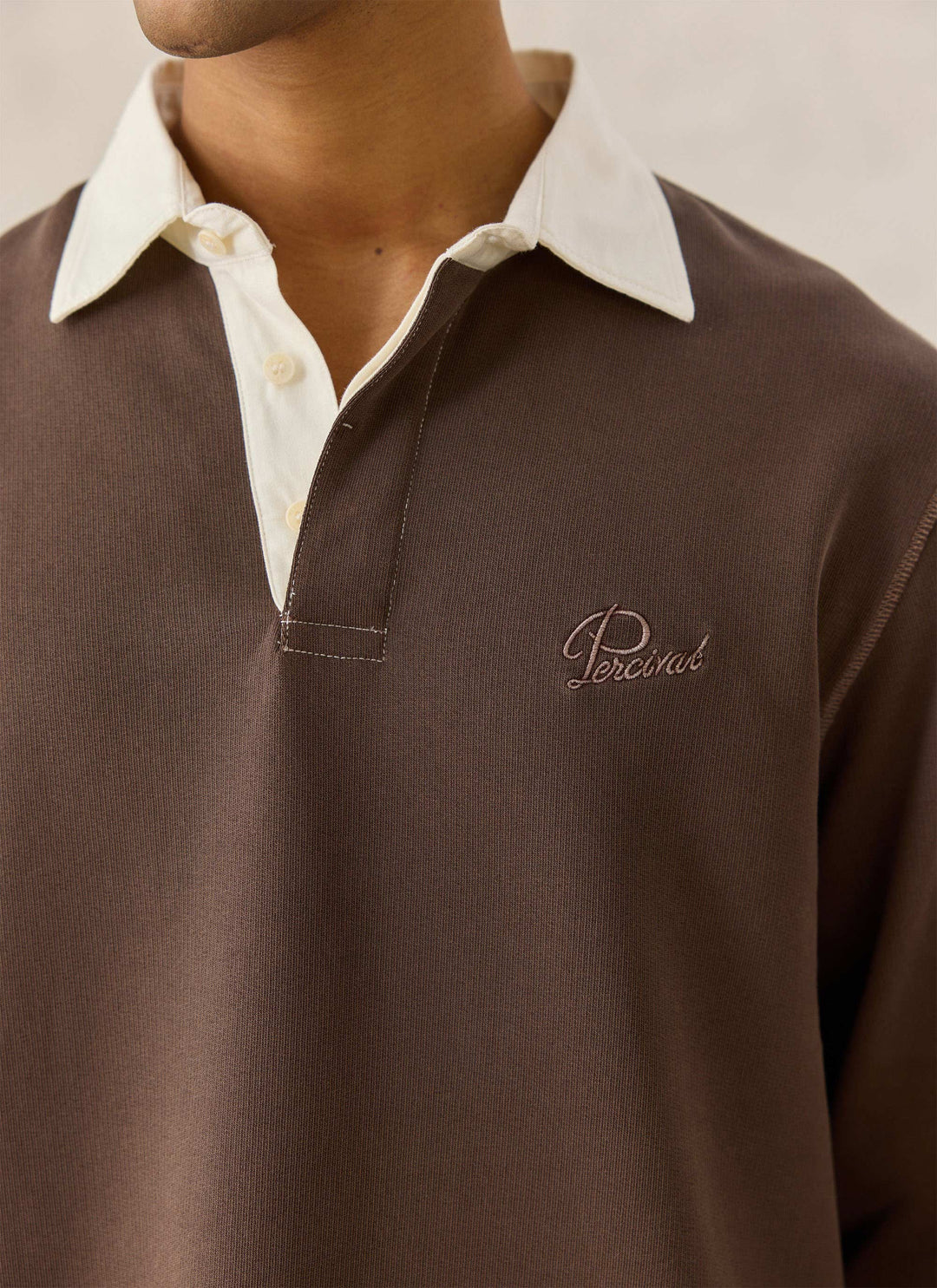 Percival brown rugby polo cream collar and chest embroidery