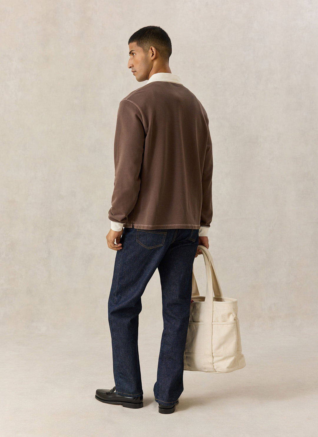 Percival brown cotton rugby polo on model