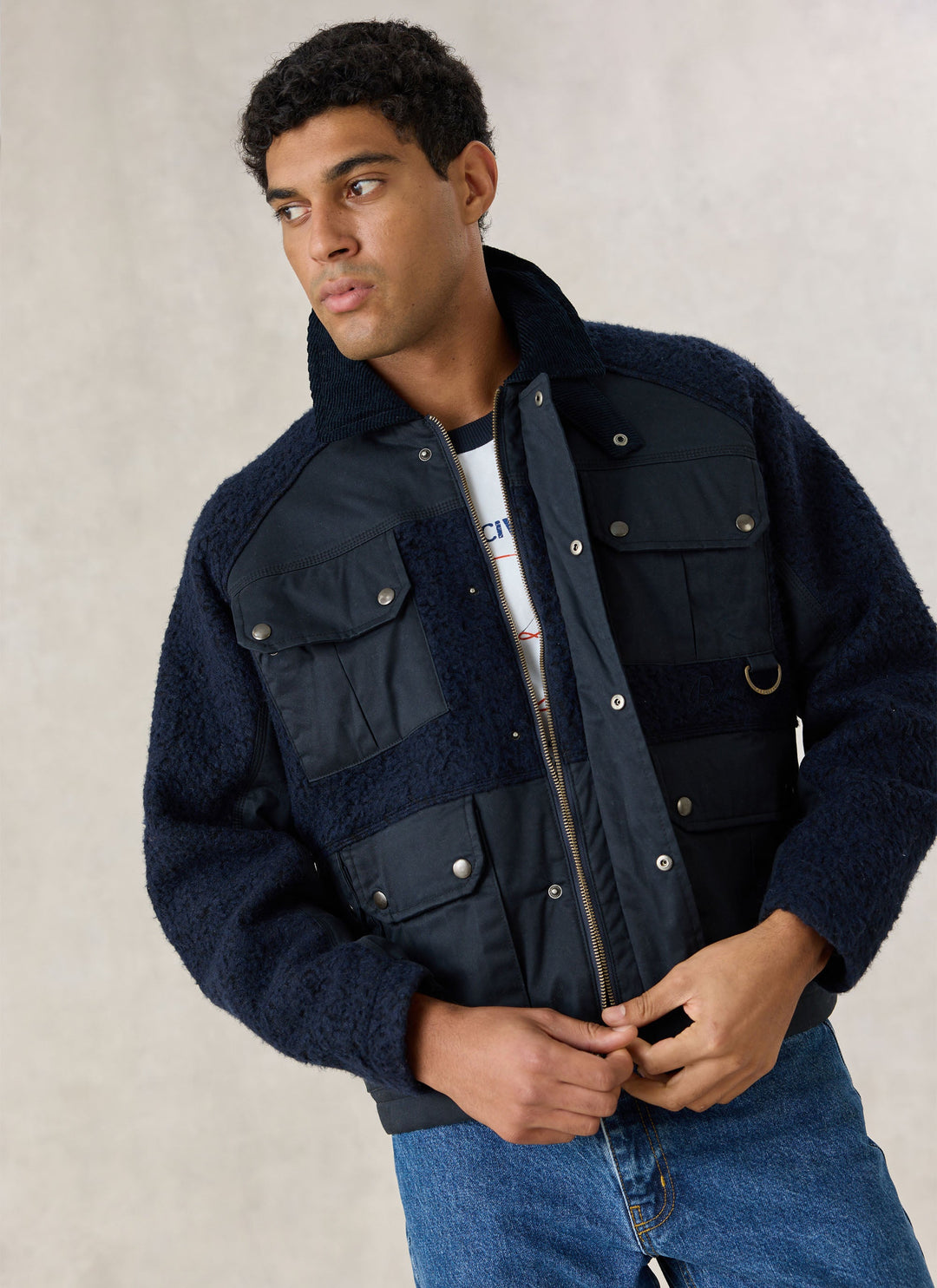 Percival Fletcher Patchwork Jacket in navy with cord collar