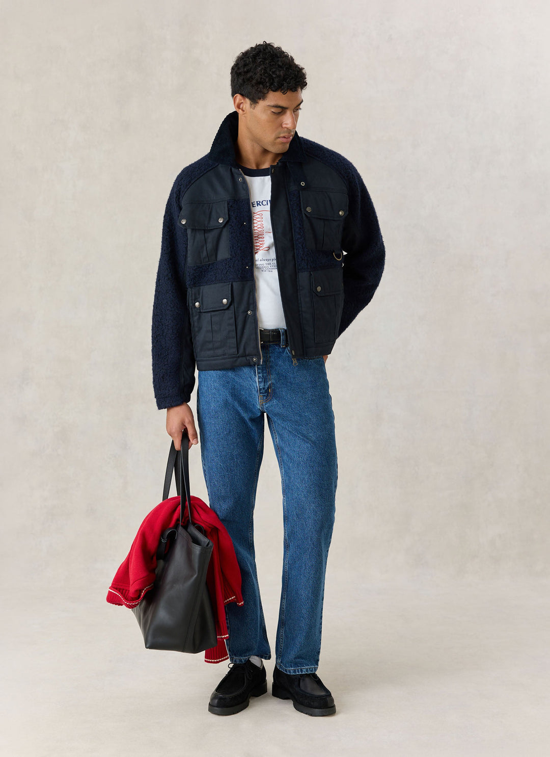 Percival Fletcher Patchwork Jacket in navy styled with jeans