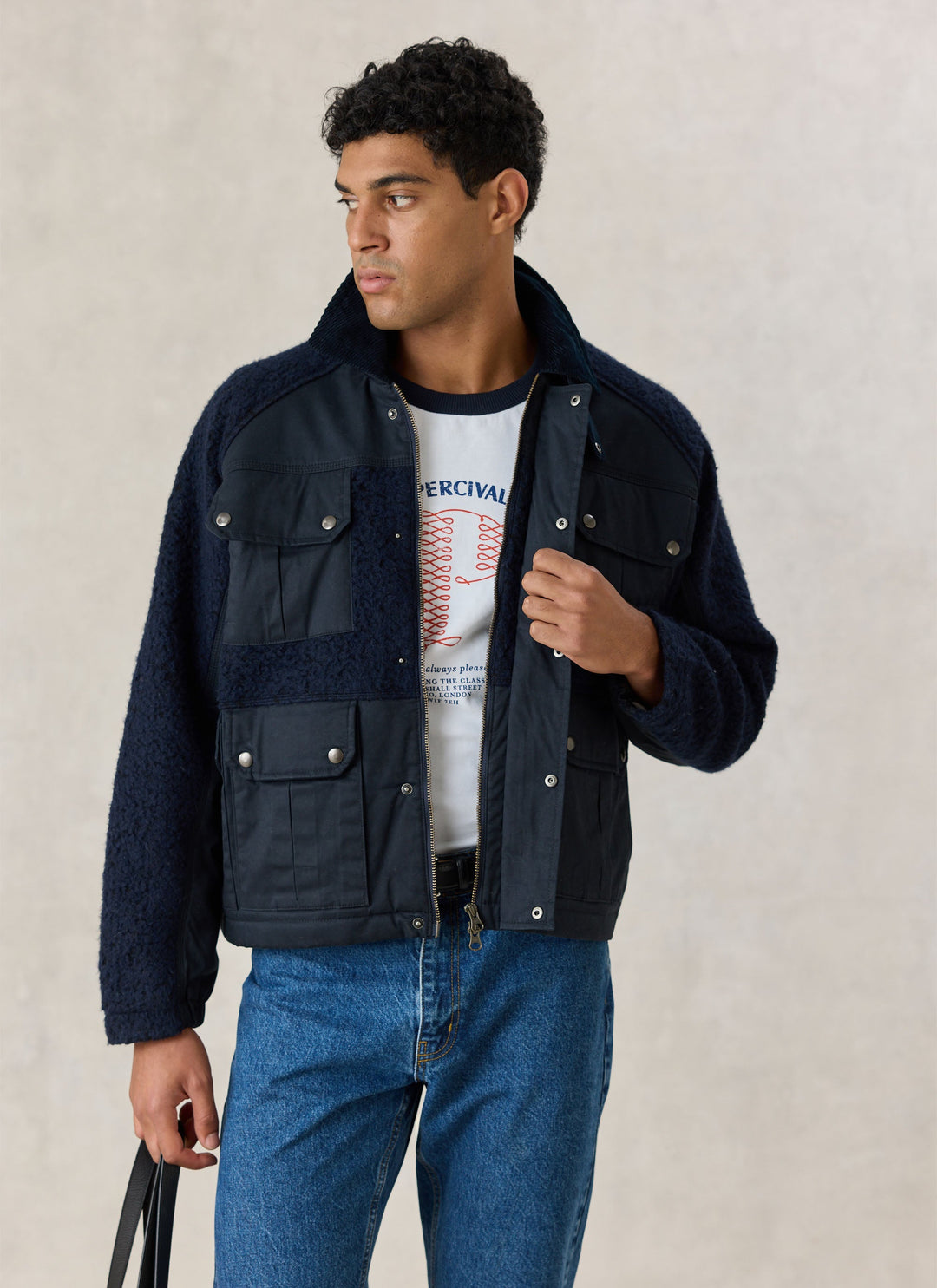 Percival Fletcher Patchwork Jacket in navy worn open over a tee