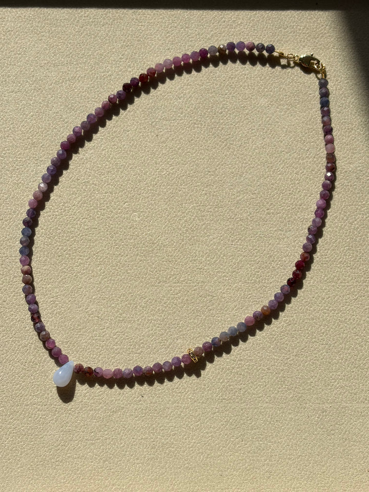LivElle - Natural Purple Ruby with Calcedony TearDrop Pendant & a CZ Micro Pave Spacer
