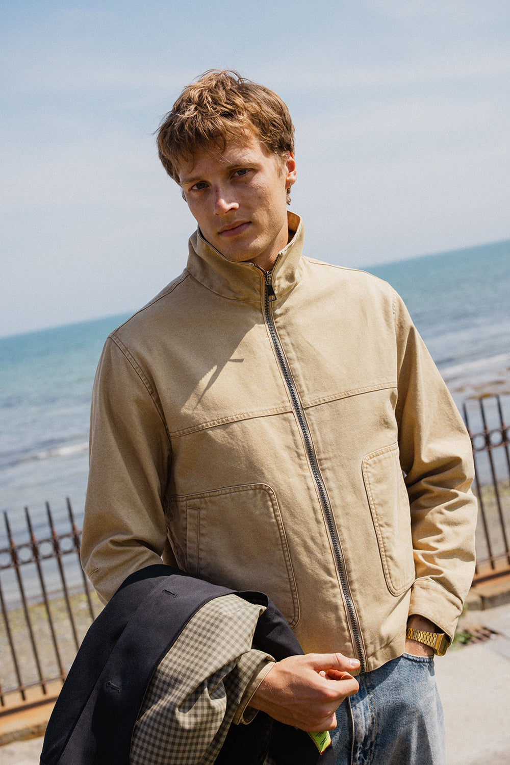 Percival Jackson Boxy Harrington Jacket in cream on model