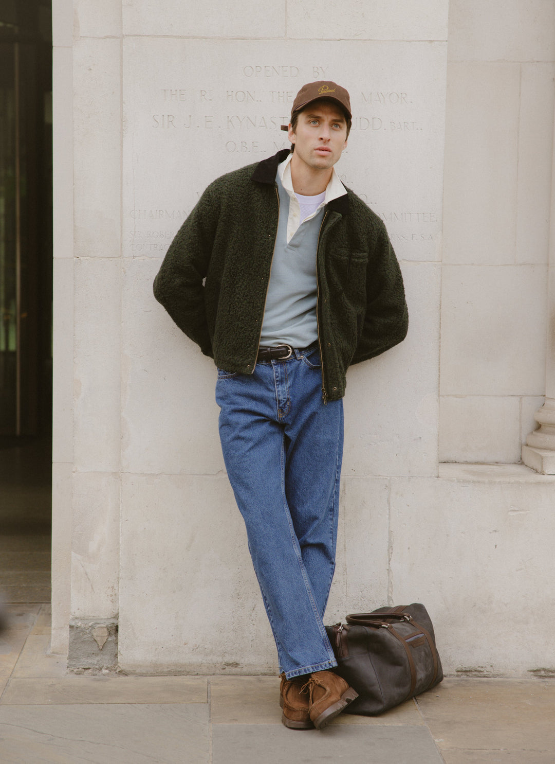 Percival Murrey forest green jacket styled outdoors