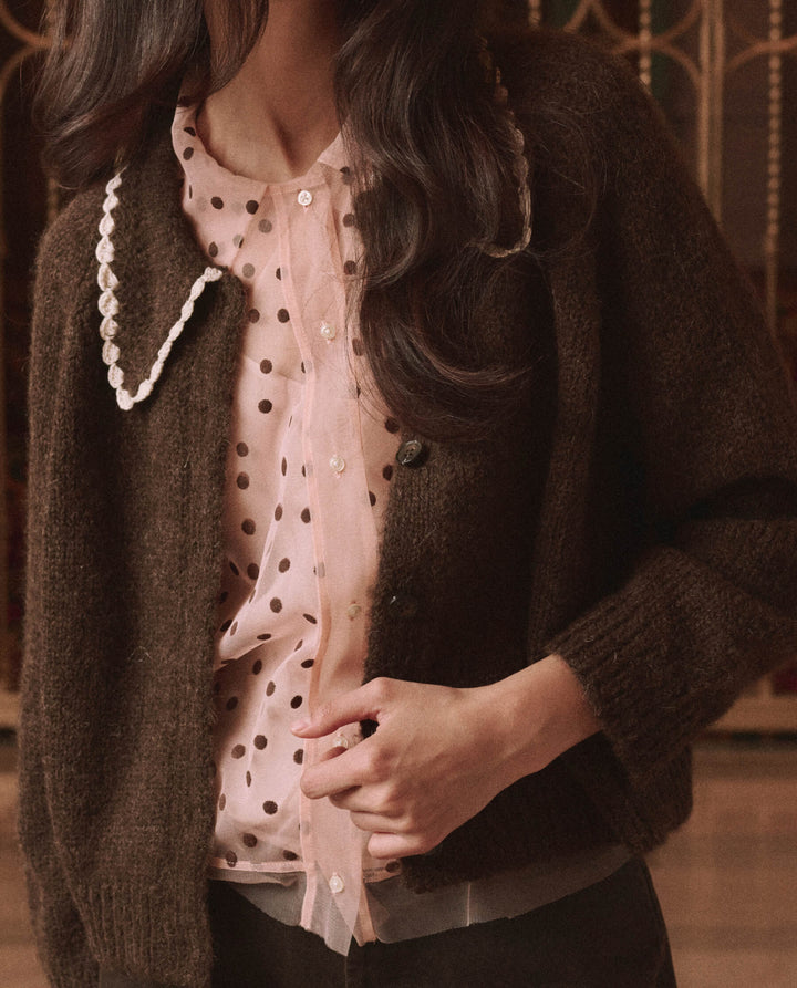THE GREAT. - Chocolate Brown Crochet Collar Cardigan
