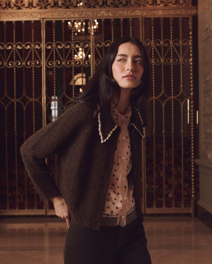 THE GREAT. - Chocolate Brown Crochet Collar Cardigan