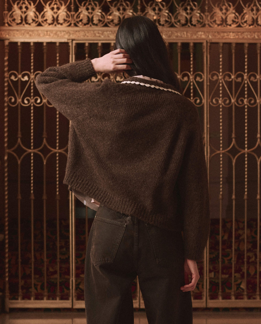 THE GREAT. - Chocolate Brown Crochet Collar Cardigan