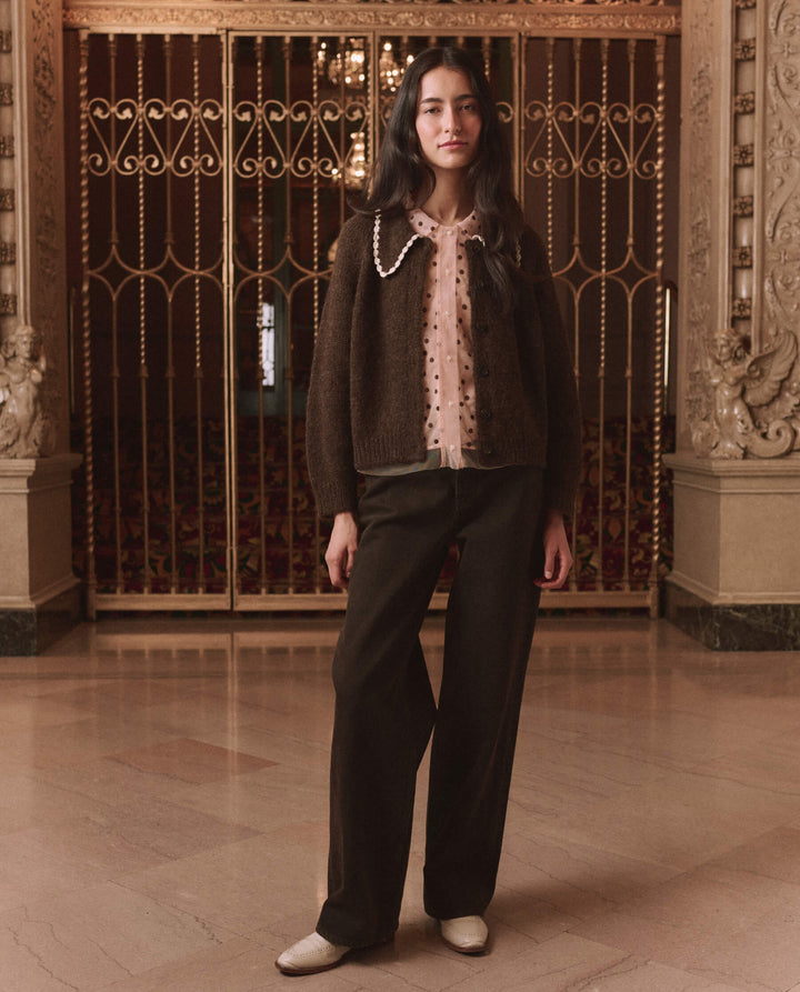 THE GREAT. - Chocolate Brown Crochet Collar Cardigan