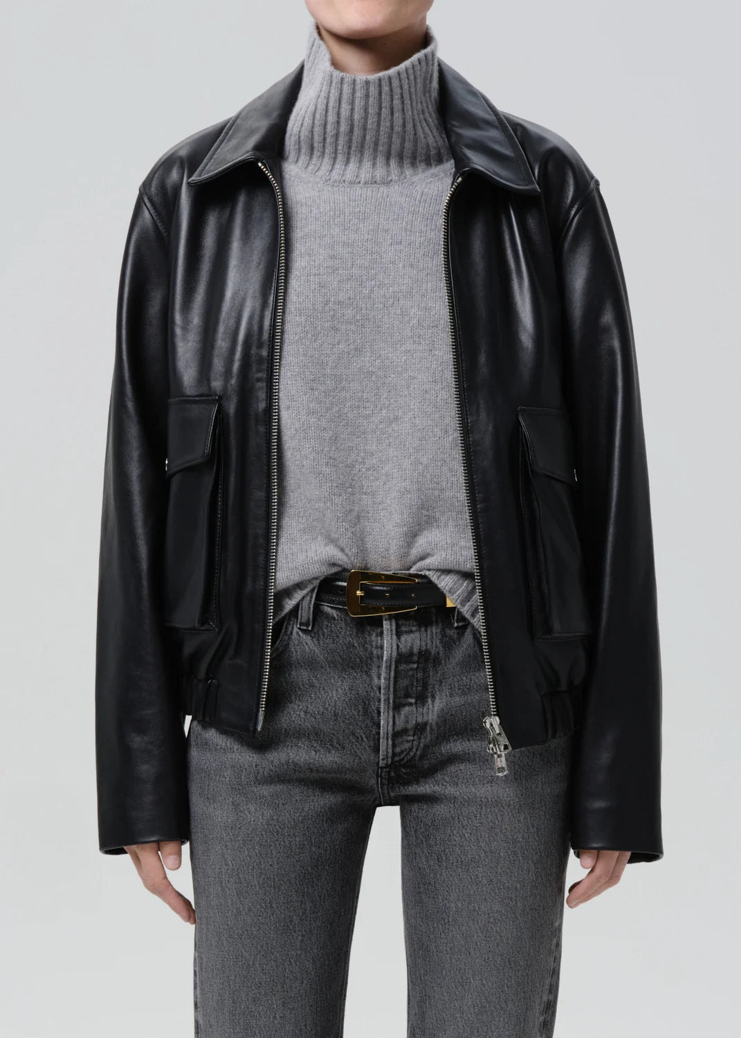 Citizens of Humanity - Black Zip Front Leather Bomber Jacket - Kalifornia Jean Bar