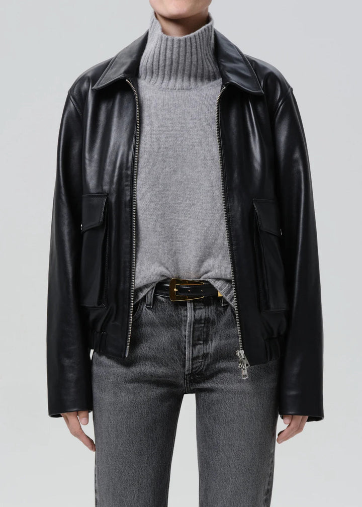 Citizens of Humanity - Black Zip Front Leather Bomber Jacket - Kalifornia Jean Bar