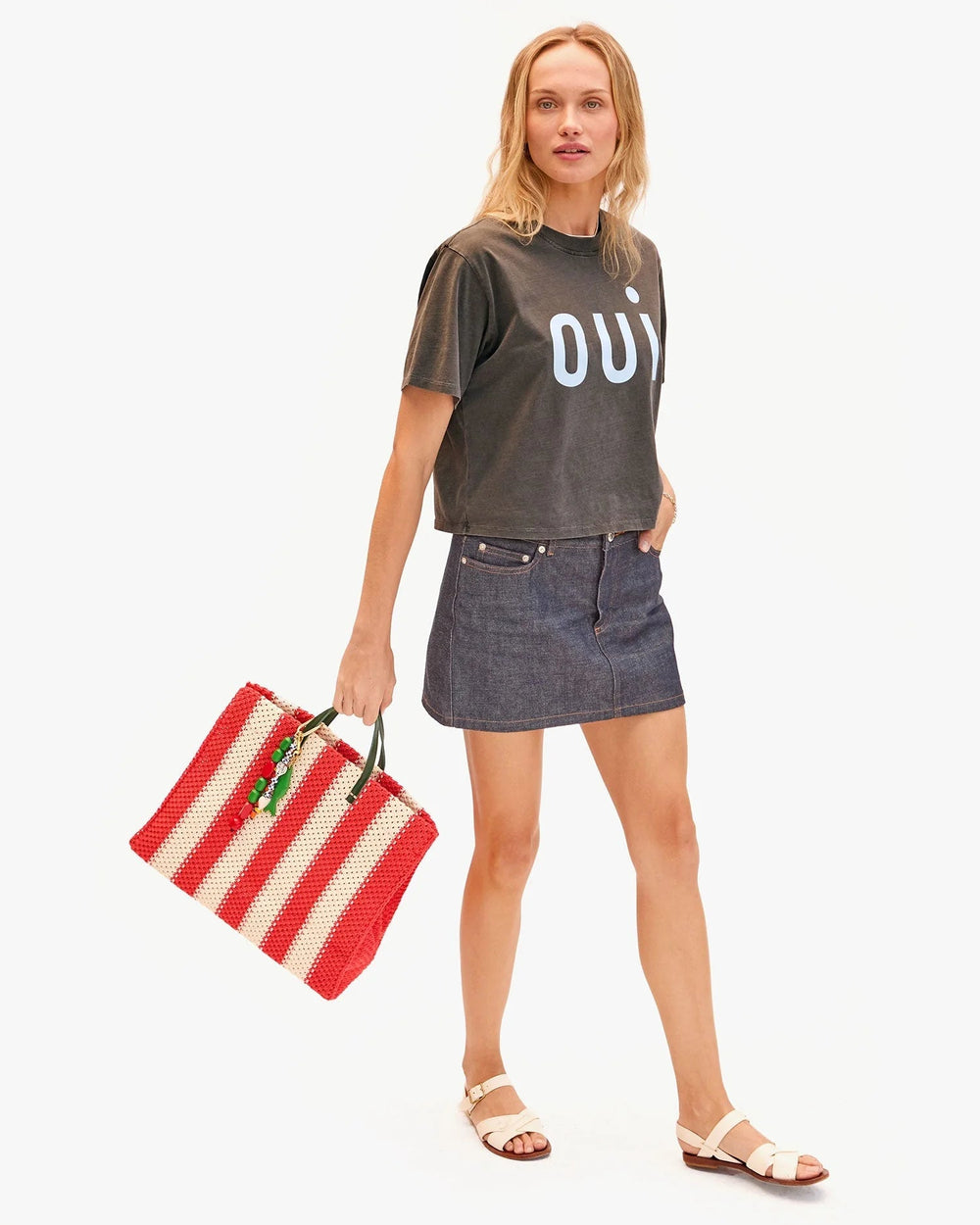 Clare V - Summer Simple Tote in Cream/Bright Poppy - Kalifornia Jean Bar