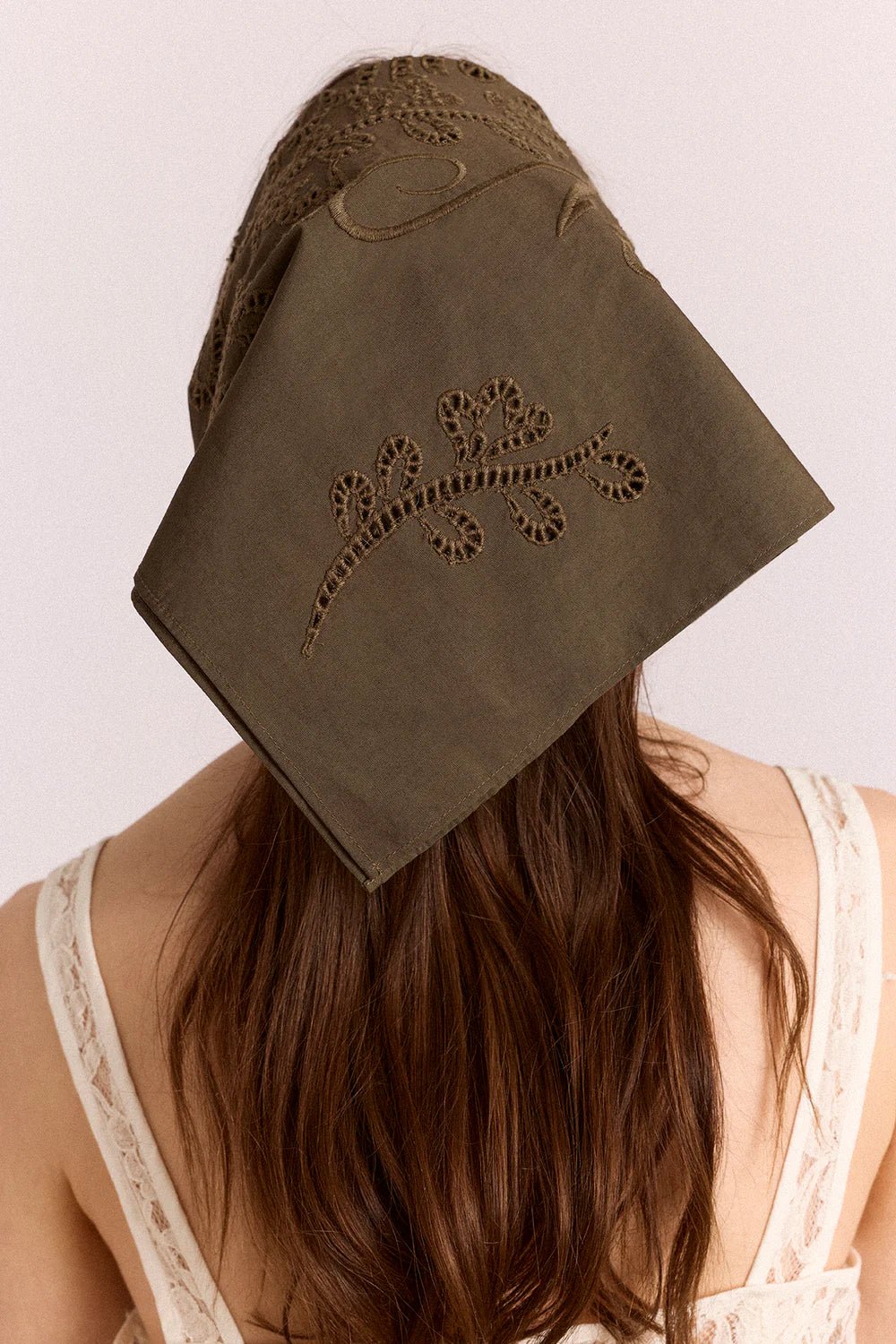 Damson Madder - Embroidered Headscarf Khaki Green - Kalifornia Jean Bar