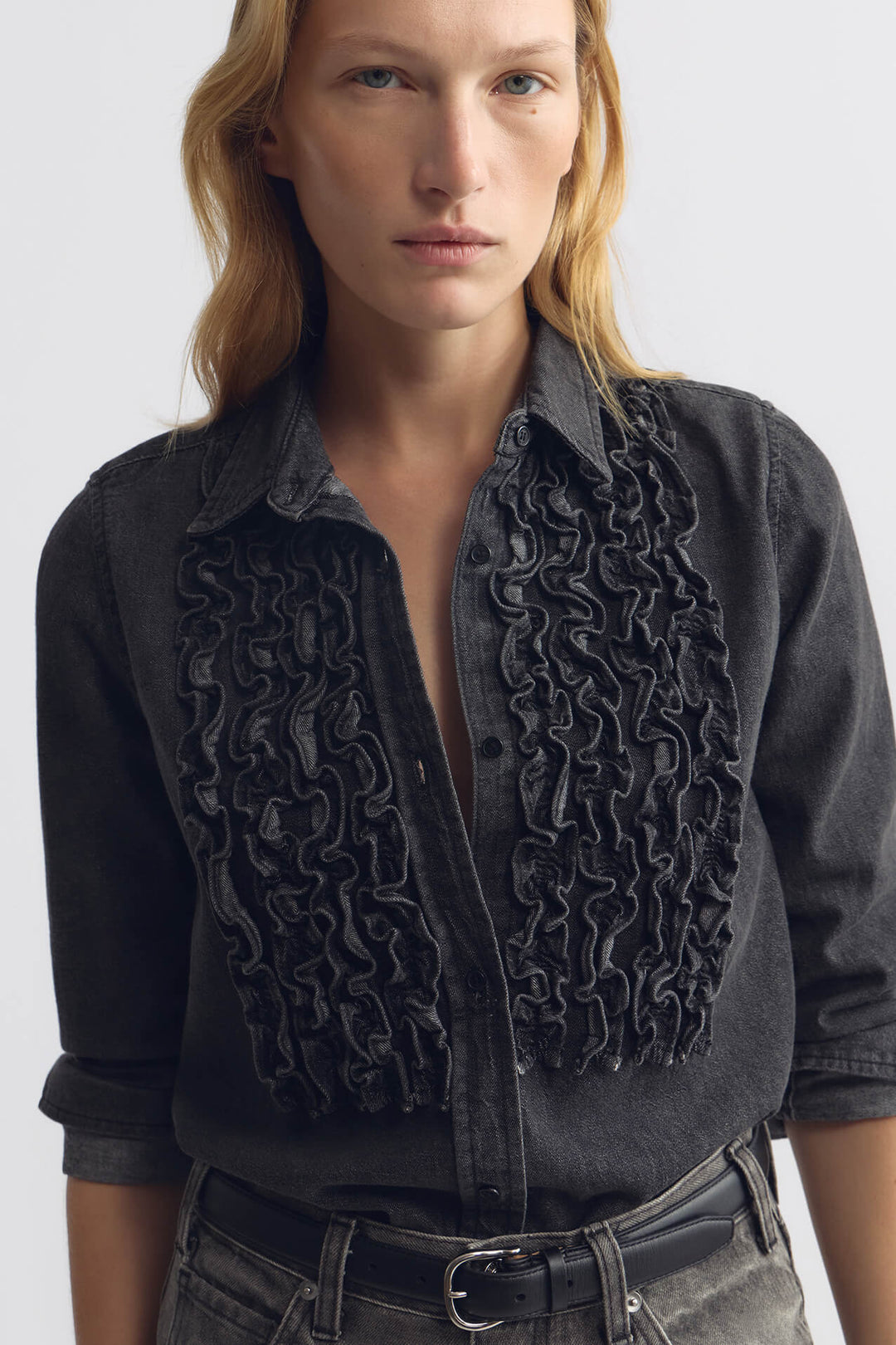 Nili Lotan - Emilie Denim Ruffle Shirt Faded Black