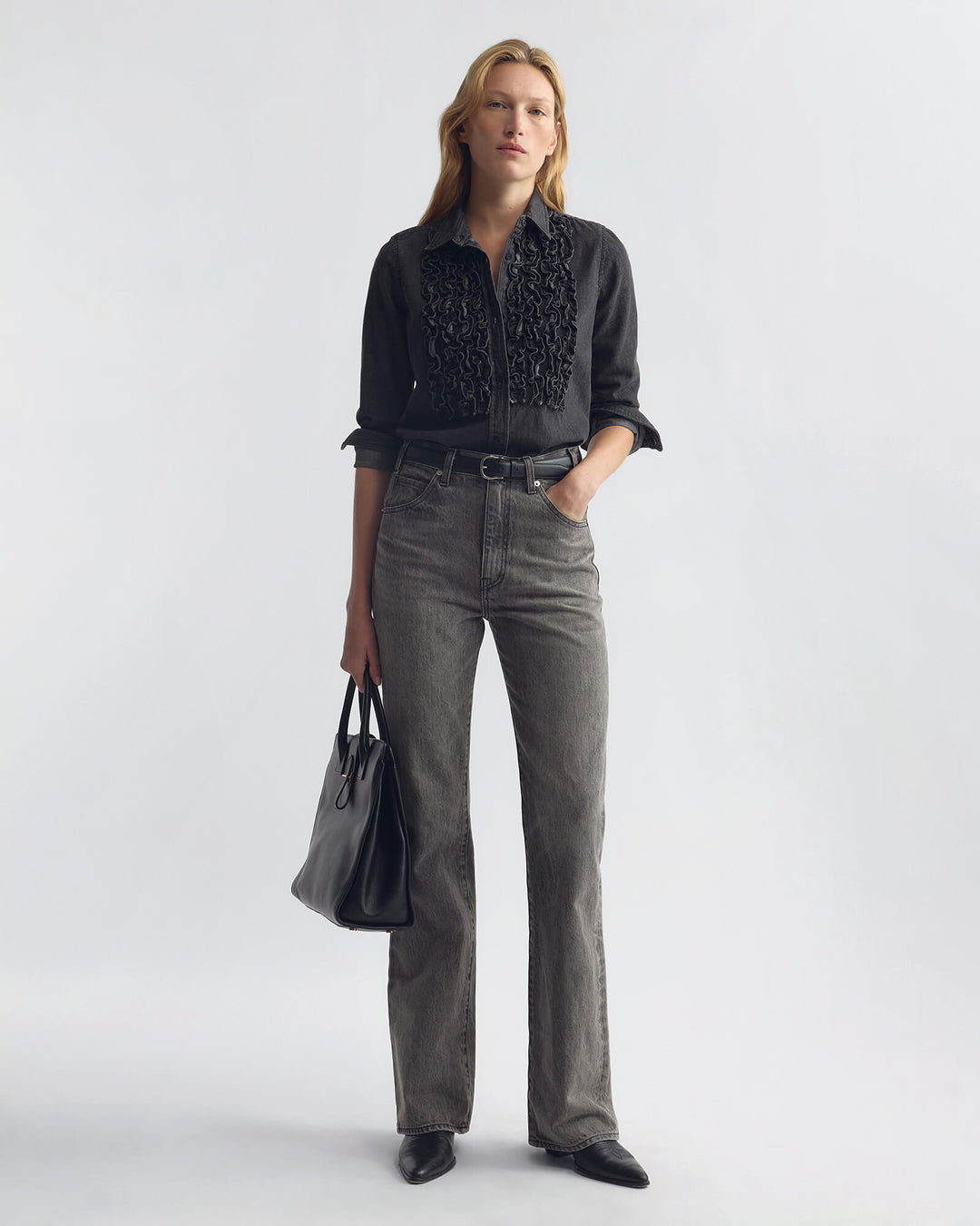 Nili Lotan - Emilie Denim Ruffle Shirt Faded Black