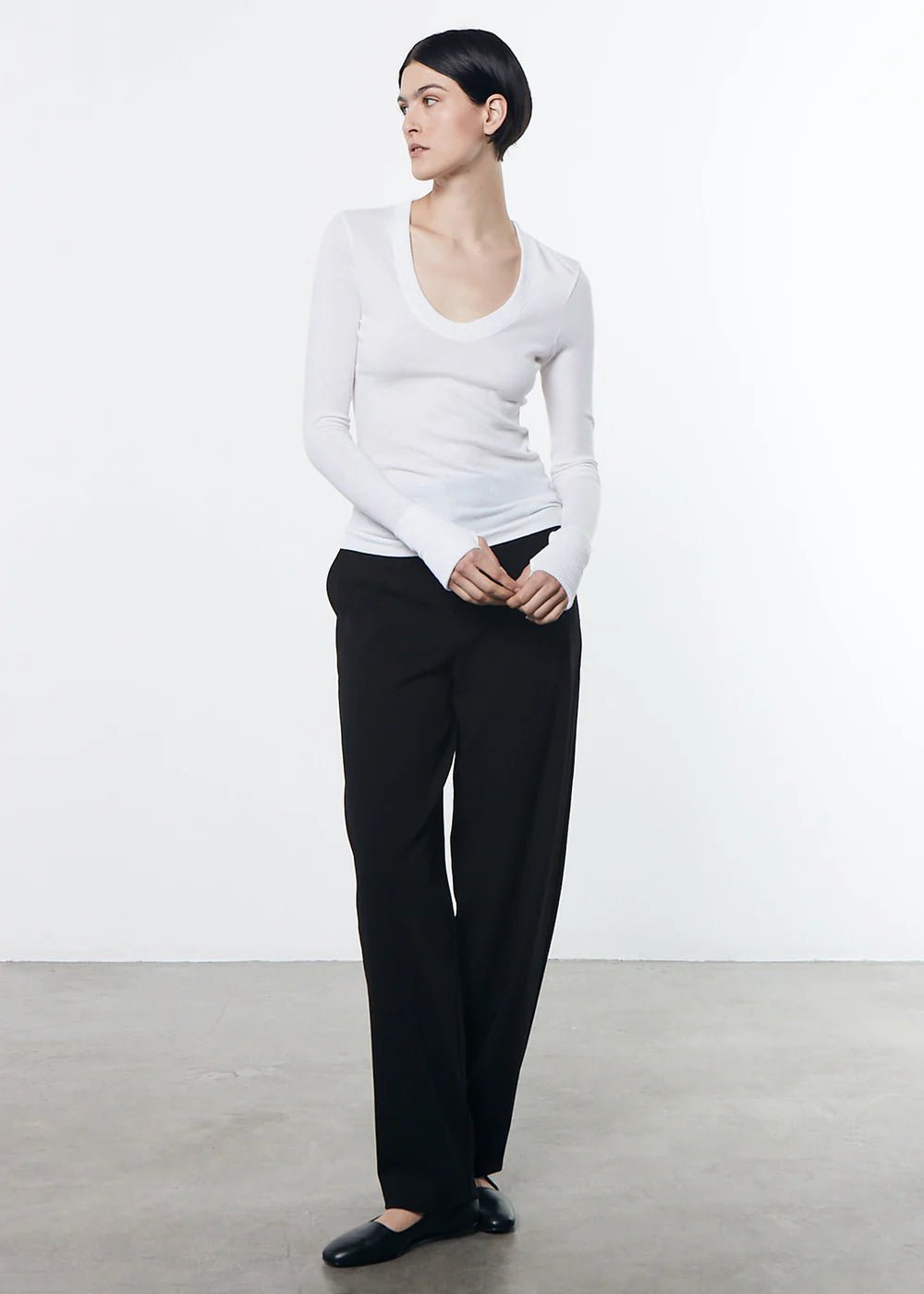 Enza Costa - White Cashmere Cuffed U Shirt - Kalifornia Jean Bar