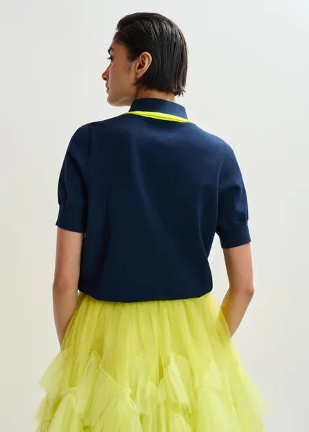 Essentiel Antwerp - Jondra Navy Fine - Knit Polo w/ Bright Yellow Scarf Collar - Kalifornia Jean Bar