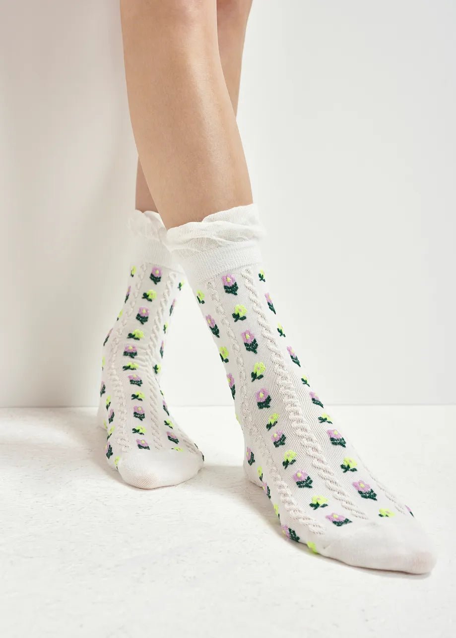 Essentiel Antwerp - Off - White Ruffled Floral Jacquard Socks - Kalifornia Jean Bar