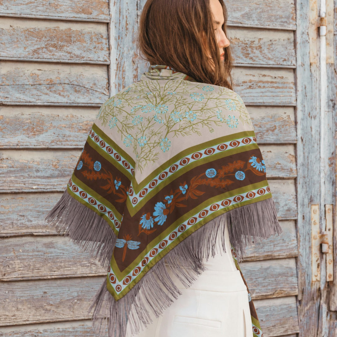 Freya - Chocolate/Olive Gaia Silk Fringe Bandana - Kalifornia Jean Bar