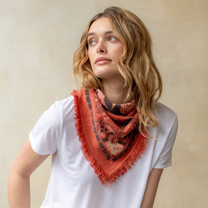 Freya - Mini Cranberry/Rose Celestial Bird Cashmere Bandana - Kalifornia Jean Bar