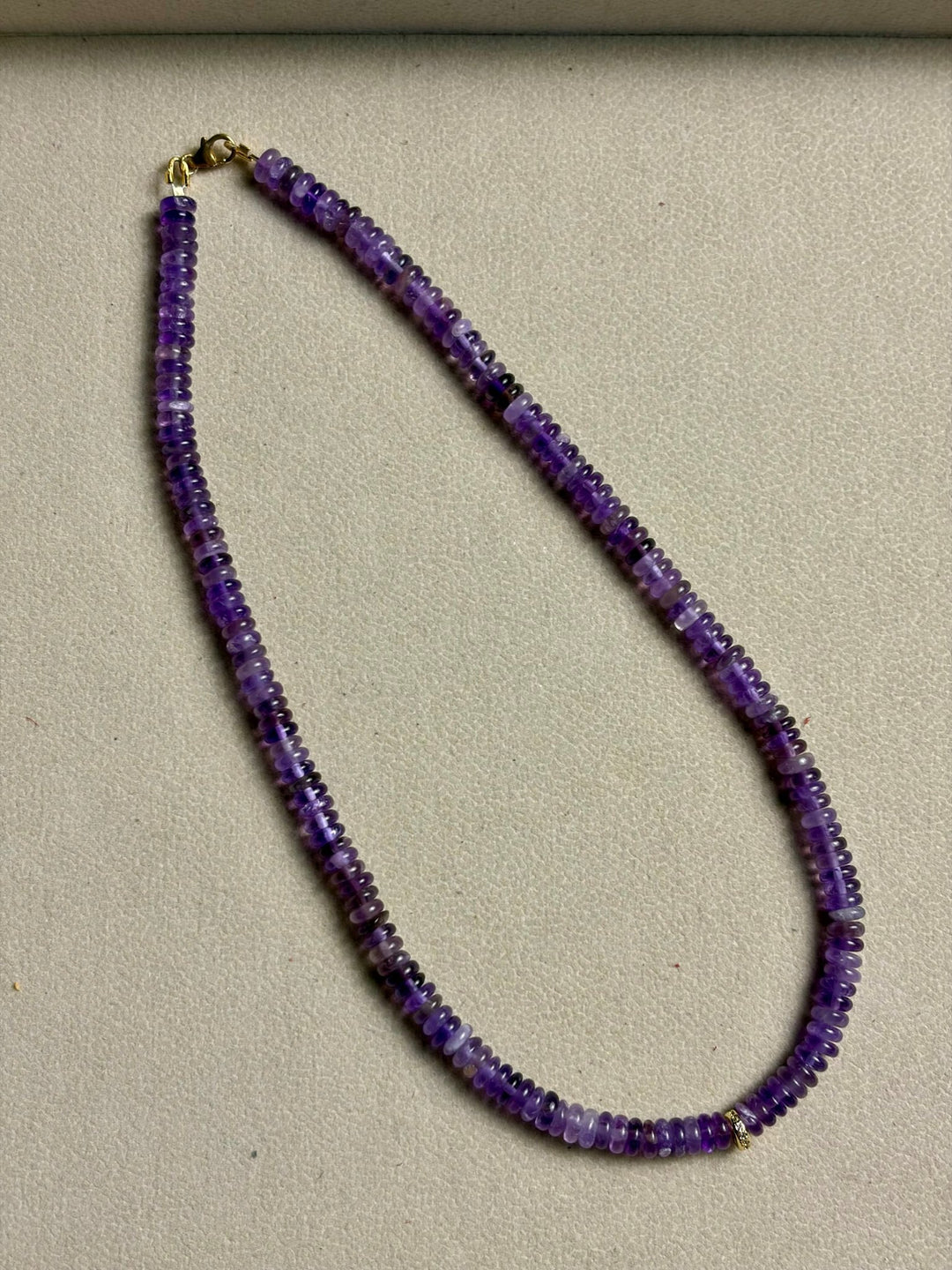 LivElle - Amethyst Rondelle Beads w/ CZ 18k GF Round Spacer Necklacxe - Kalifornia Jean Bar