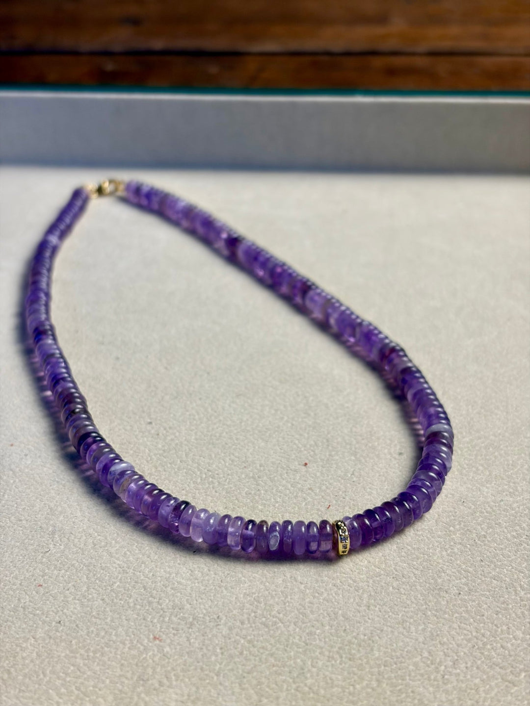 LivElle - Amethyst Rondelle Beads w/ CZ 18k GF Round Spacer Necklacxe - Kalifornia Jean Bar
