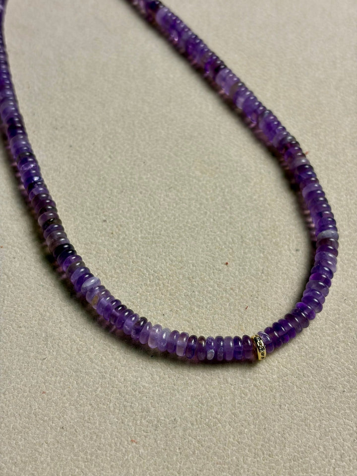 LivElle - Amethyst Rondelle Beads w/ CZ 18k GF Round Spacer Necklacxe - Kalifornia Jean Bar