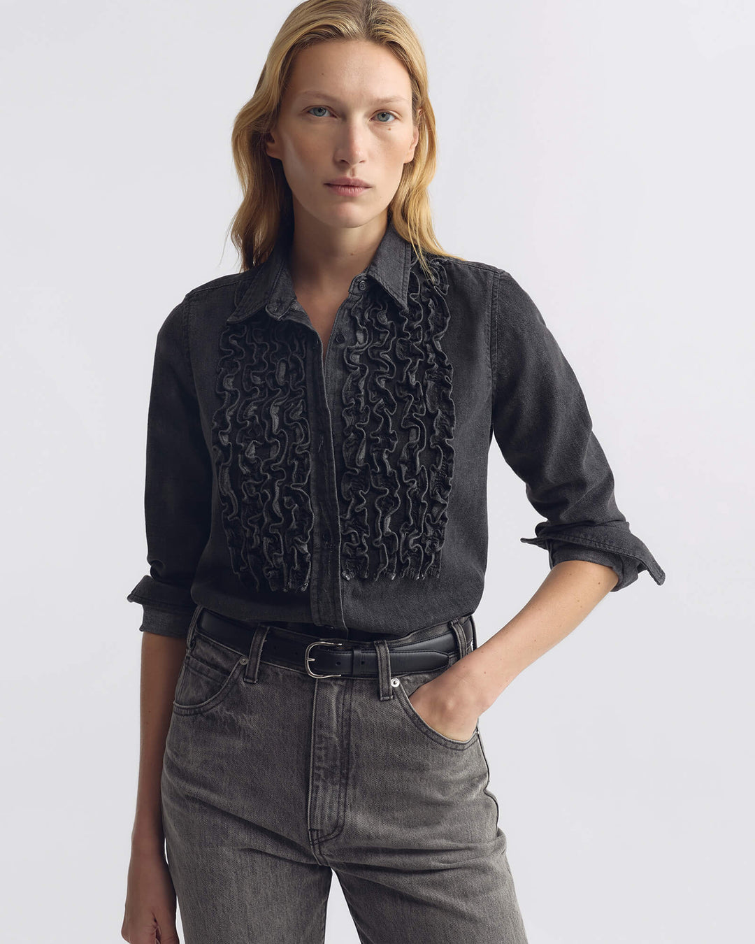 Nili Lotan - Emilie Denim Ruffle Shirt Faded Black - Kalifornia Jean Bar
