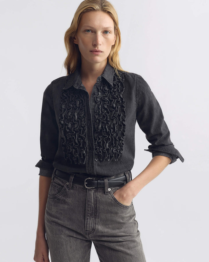 Nili Lotan - Emilie Denim Ruffle Shirt Faded Black - Kalifornia Jean Bar
