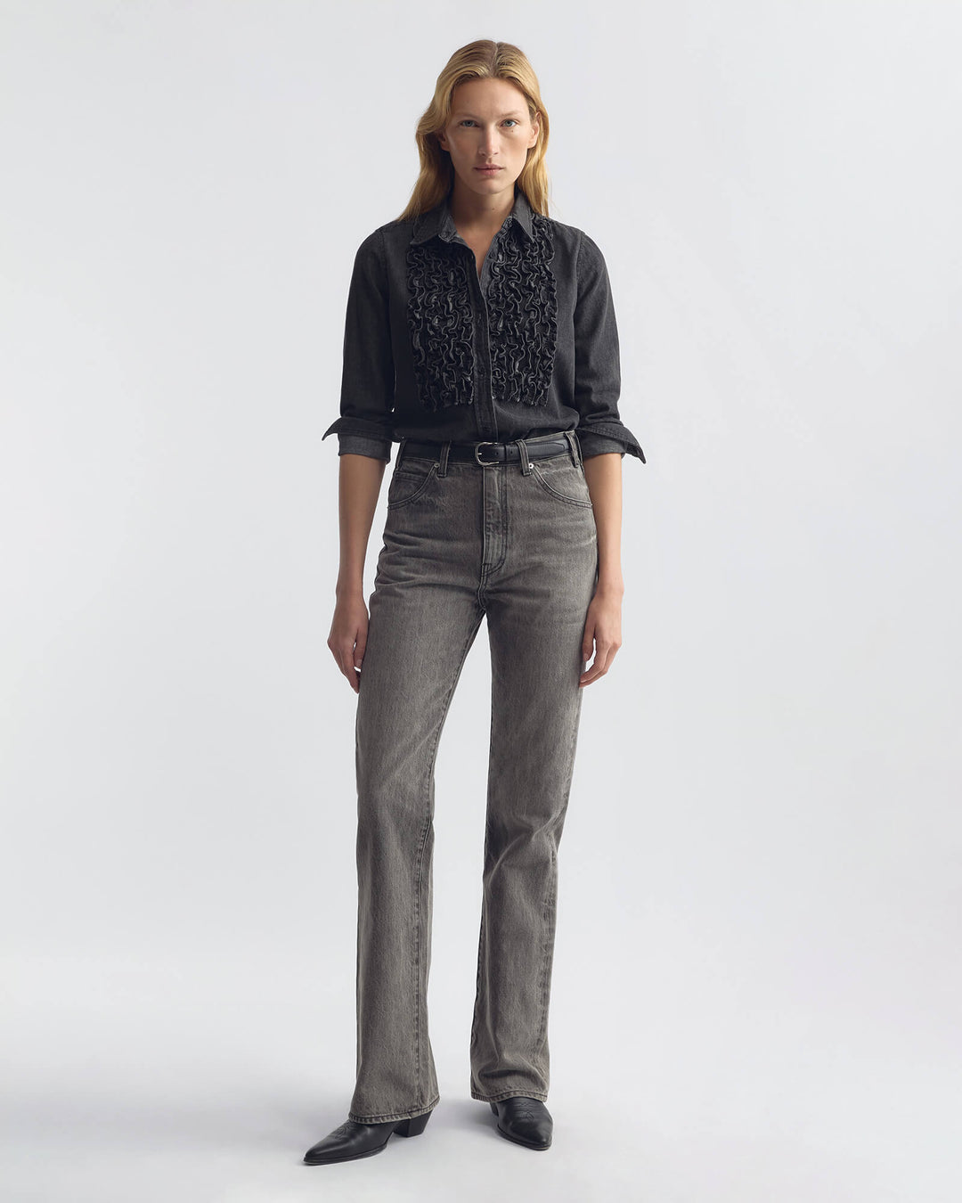 Nili Lotan - Emilie Denim Ruffle Shirt Faded Black - Kalifornia Jean Bar