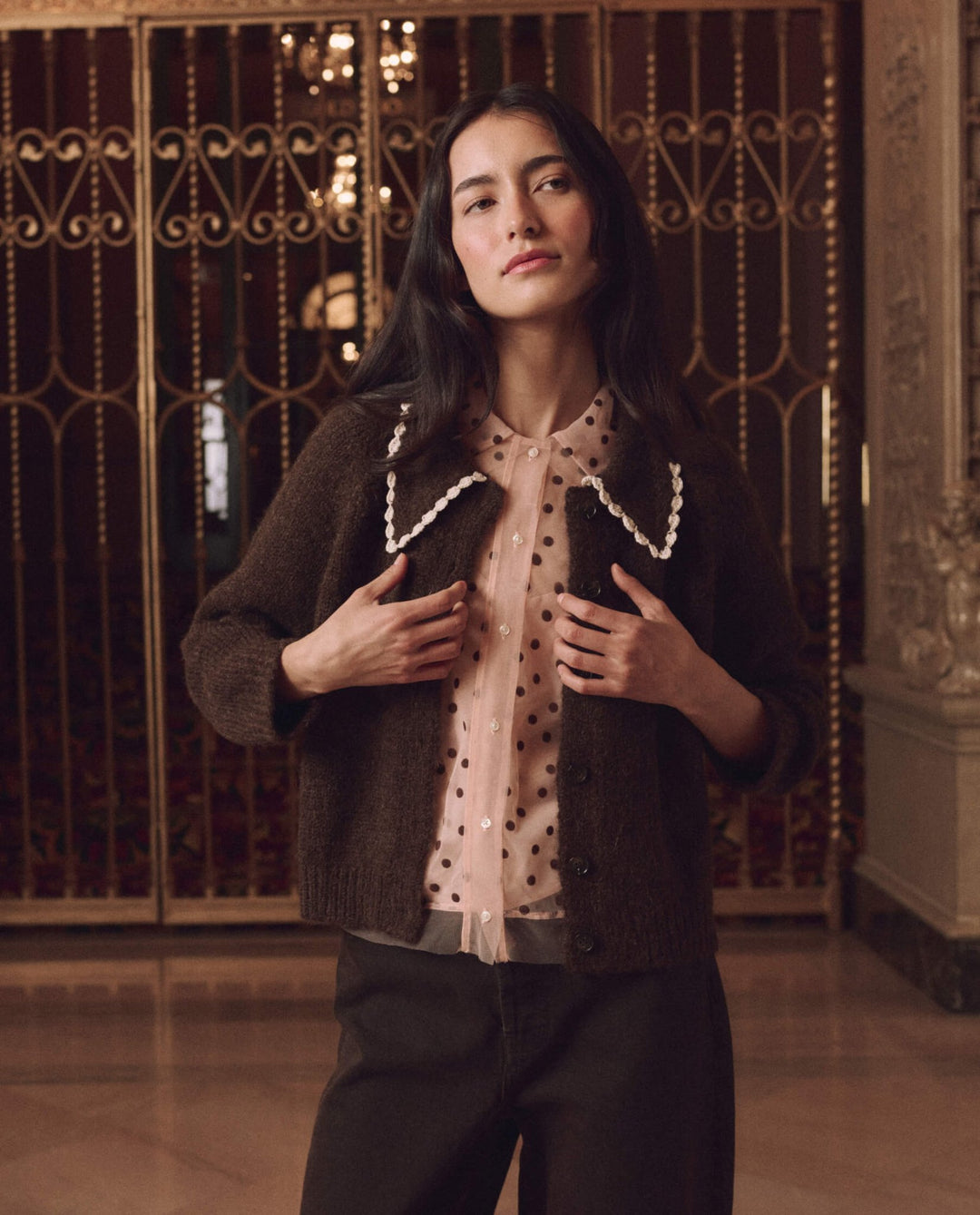 THE GREAT. - Chocolate Brown Crochet Collar Cardigan - Kalifornia Jean Bar