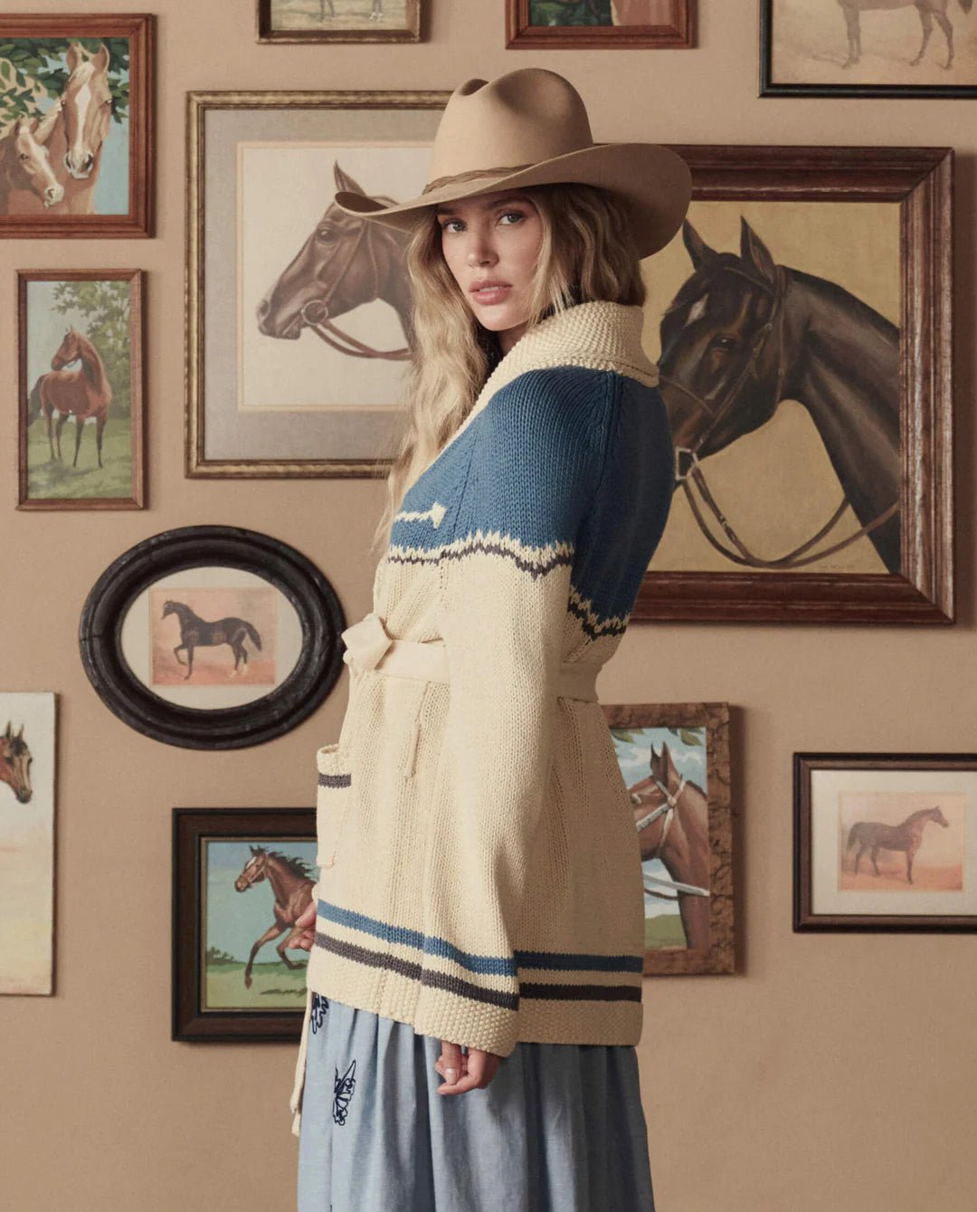 The Great - Robin Blue Stetson Western Riding Cardigan Sweater - Kalifornia Jean Bar