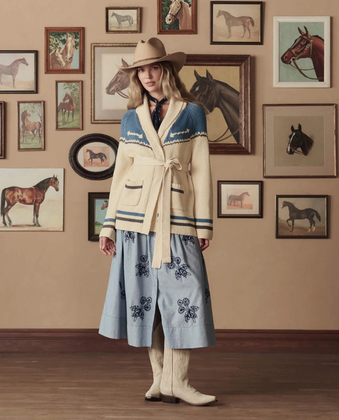 The Great - Robin Blue Stetson Western Riding Cardigan Sweater - Kalifornia Jean Bar