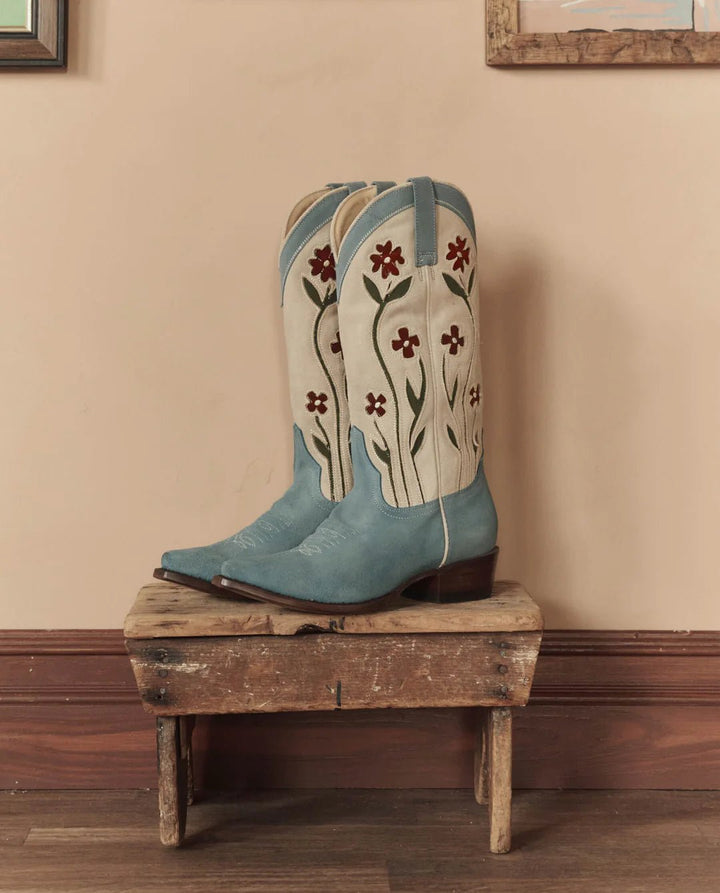 The Great - Stetson Cowboy Boot Suede Floral Washed Indigo - Kalifornia Jean Bar
