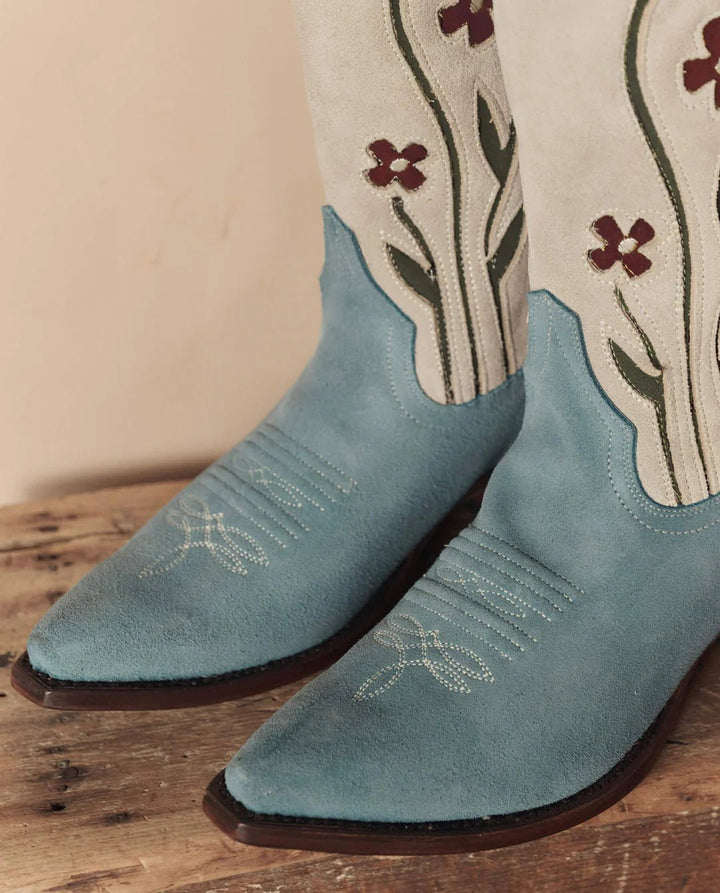 The Great - Stetson Cowboy Boot Suede Floral Washed Indigo - Kalifornia Jean Bar