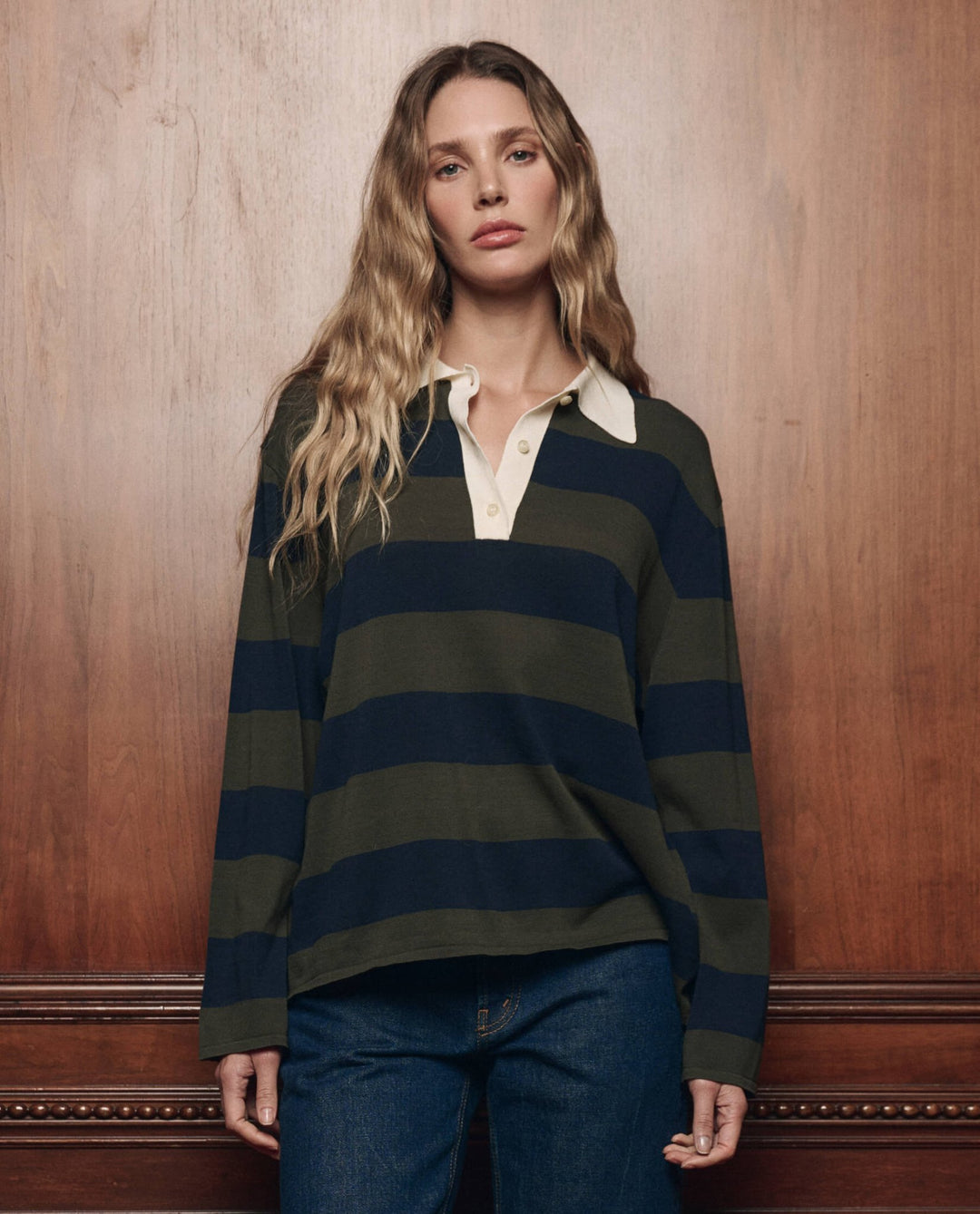 The Great - The Academy Polo Sweater in Army League Stripe - Kalifornia Jean Bar