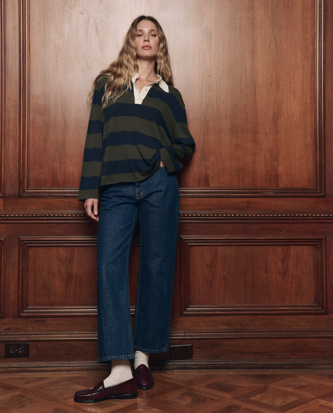The Great - The Academy Polo Sweater in Army League Stripe - Kalifornia Jean Bar
