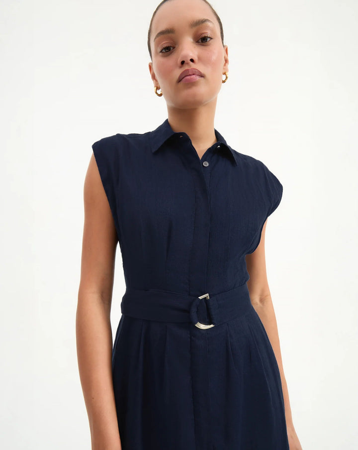 Veronica Beard - Loreta Belted Linen Dress in Navy - Kalifornia Jean Bar