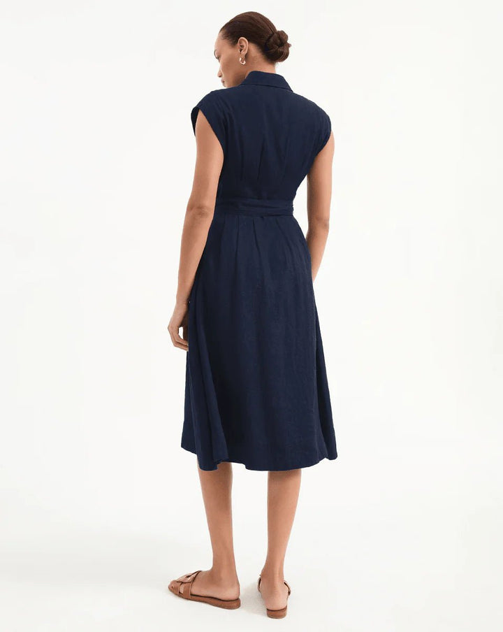 Veronica Beard - Loreta Belted Linen Dress in Navy - Kalifornia Jean Bar